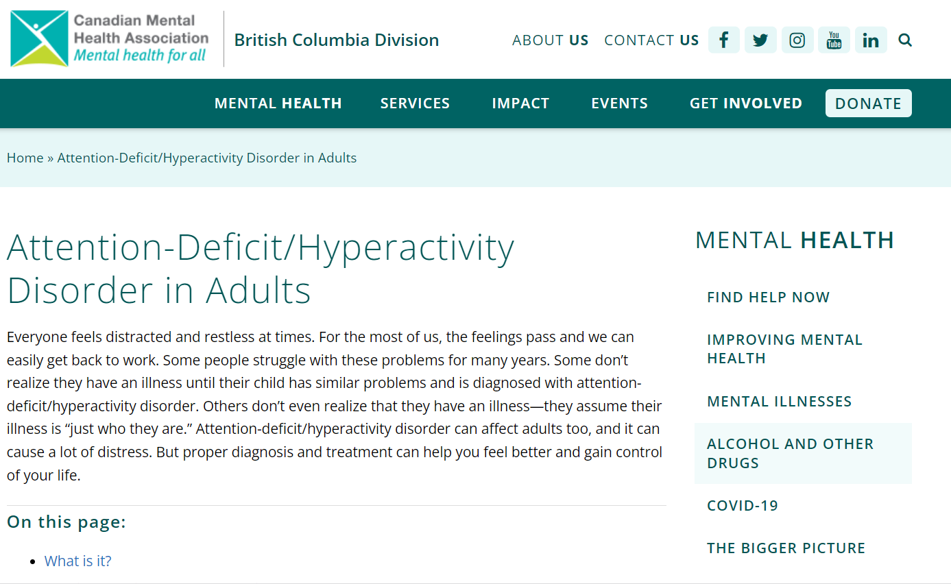 Canadian Mental Health Association — ADHD in Adults